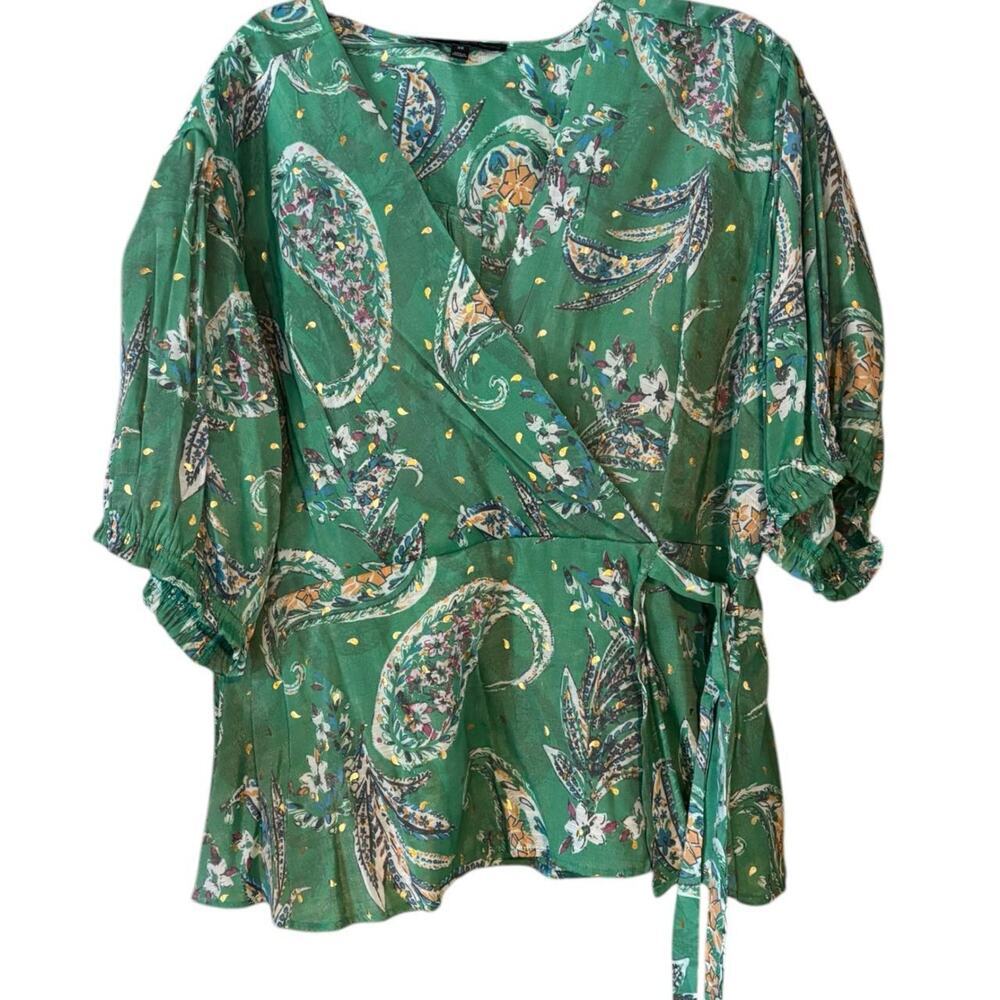 Green Paisley Wrap Blouse Tie-Waist Puff Sleeves Boho Chic Floral Accents